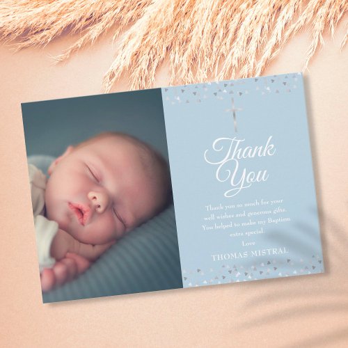 Elegant Blue Baptism Christening Hearts Photo Thank You Card