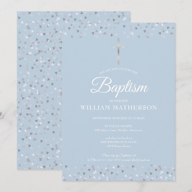 Elegant Blue Baptism Christening Silver Hearts Invitation (Front/Back)