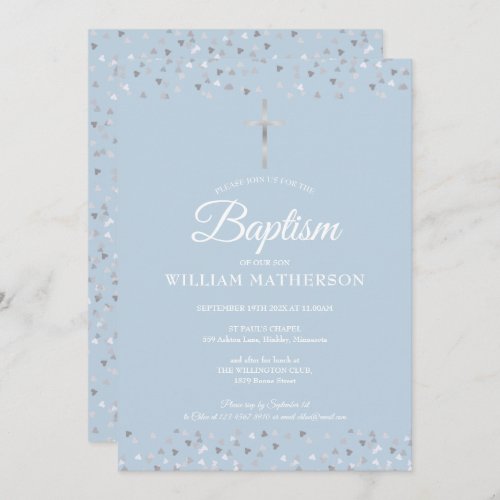 Elegant Blue Baptism Christening Silver Hearts Invitation