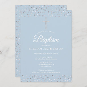 Elegant Blue Baptism Christening Silver Hearts Invitation