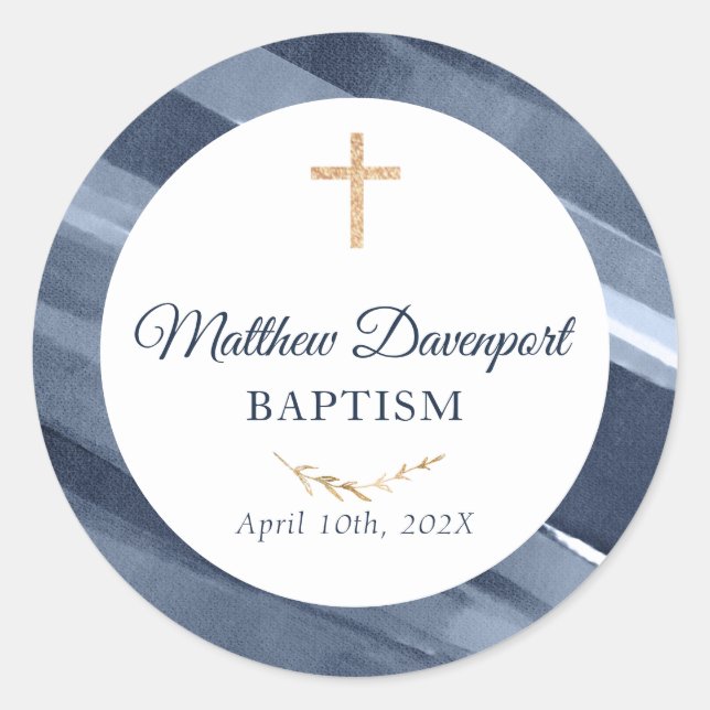 Elegant Blue Baptism Communion Favor Sticker (Front)
