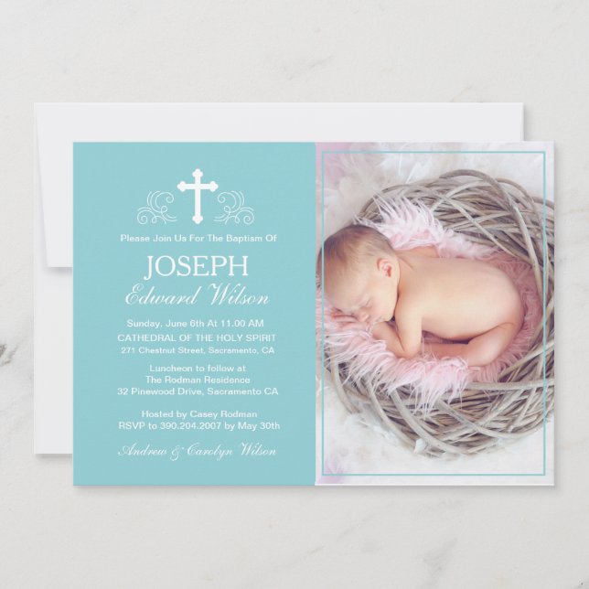 Elegant Blue Baptism Photo Invitation Card (Front)