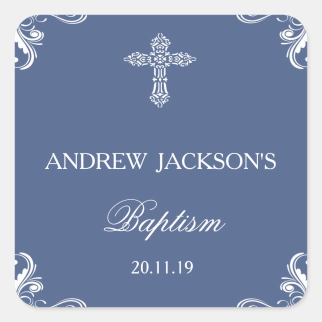Elegant Blue Baptism Sticker Tags (Front)