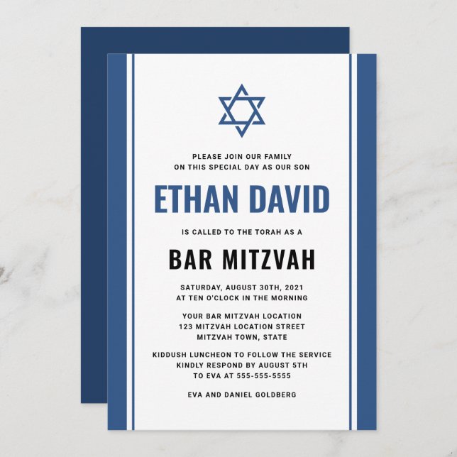 Elegant blue bar mitzvah invitations (Front/Back)