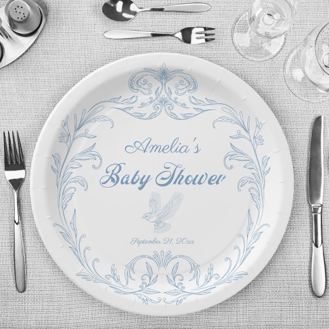 Elegant Blue Baroque Bird Baby Shower Paper Plates (Creator Uploaded)