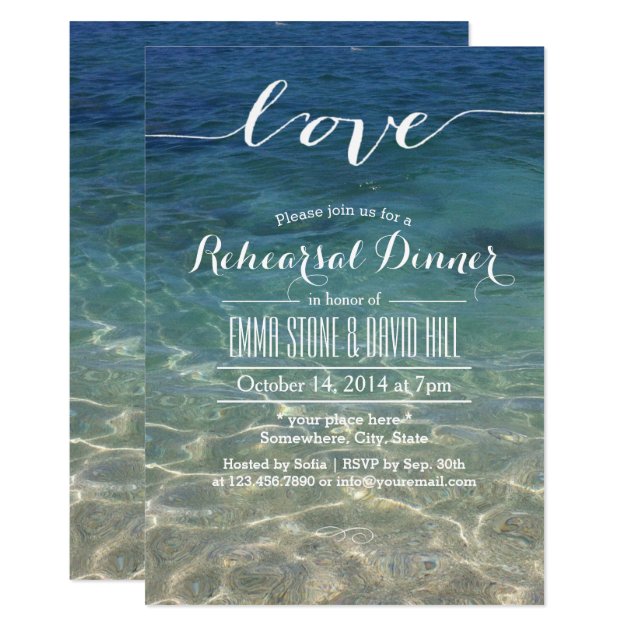 Elegant Blue Beach Script Love Rehearsal Dinner Invitation