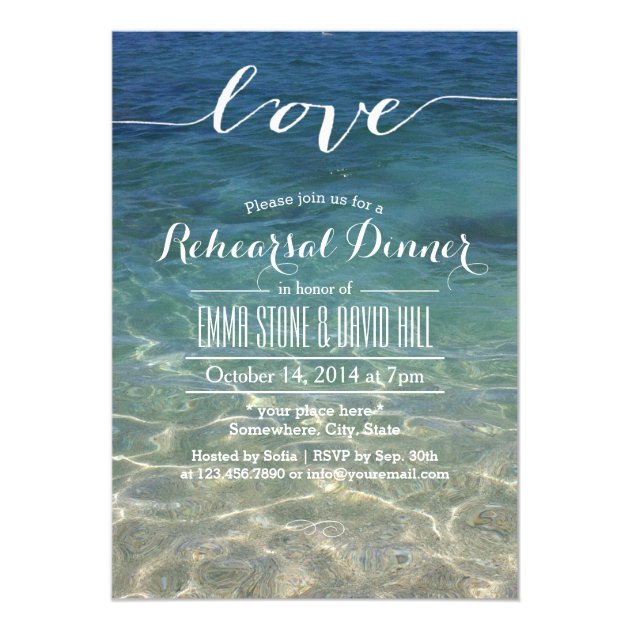 Elegant Blue Beach Script Love Rehearsal Dinner Invitation