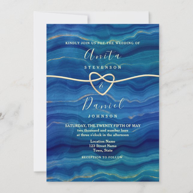Elegant Blue Beach Wave Gold Wedding Invitation (Front)