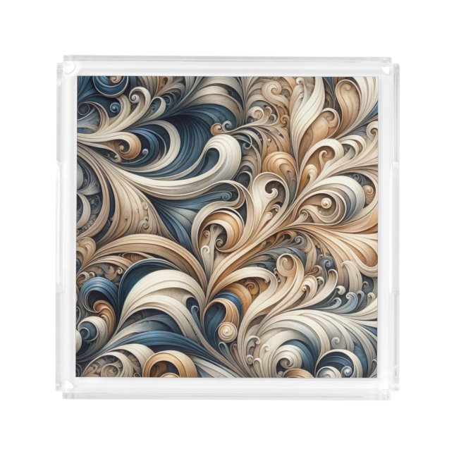 Elegant Blue Beige Baroque Swirl Pattern Acrylic Tray (Front)