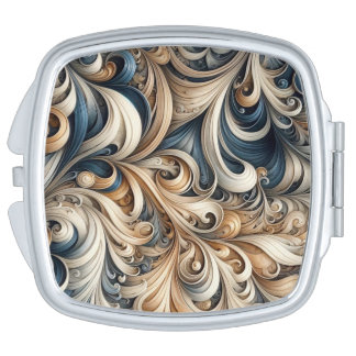 Elegant Blue Beige Baroque Swirl Pattern Compact Mirror
