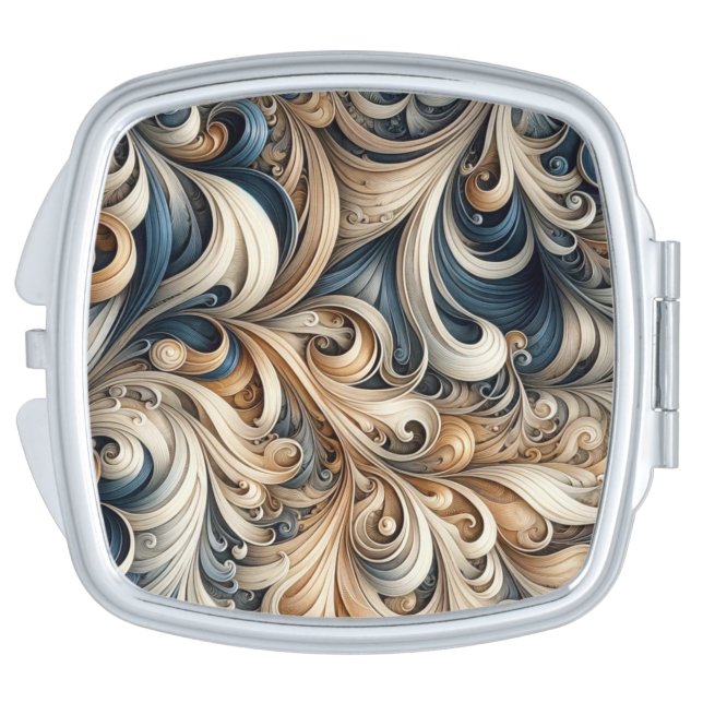 Elegant Blue Beige Baroque Swirl Pattern Compact Mirror (Side)