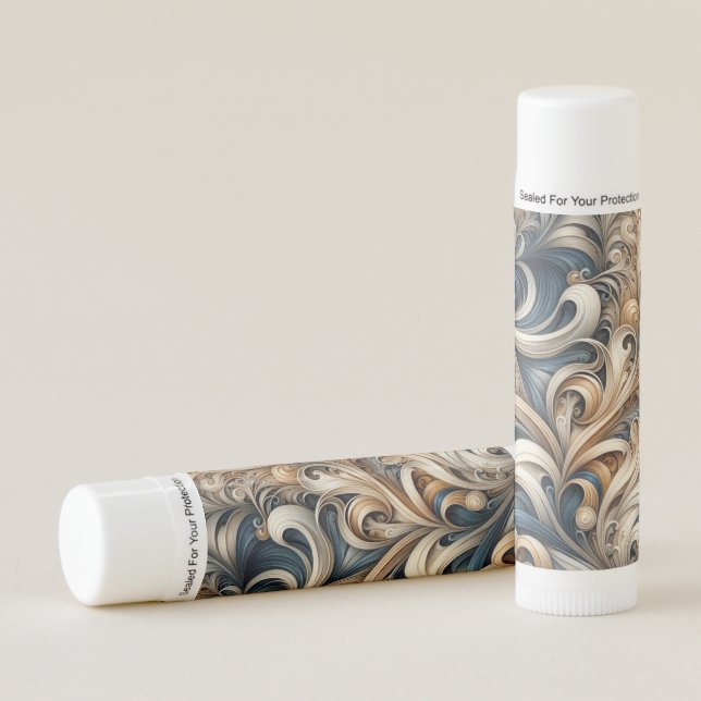 Elegant Blue Beige Baroque Swirl Pattern Lip Balm (Front)