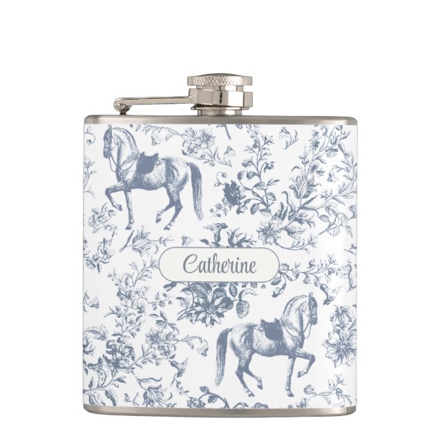 Elegant Blue Beige Equestrian Floral Toile Name Flask (Front)