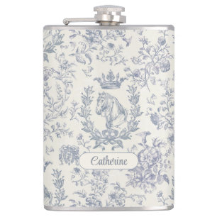 Elegant Blue Beige Equestrian Floral Toile Name Flask