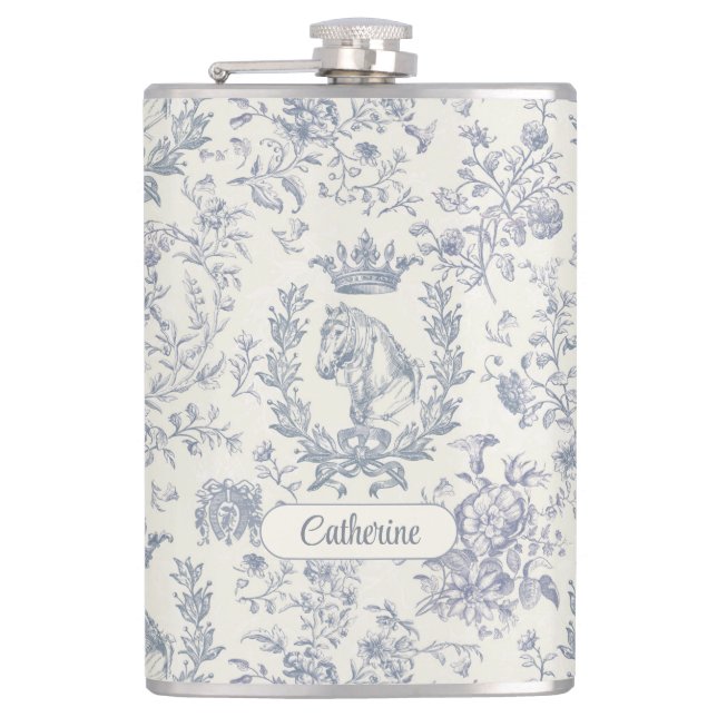 Elegant Blue Beige Equestrian Floral Toile Name Flask (Front)