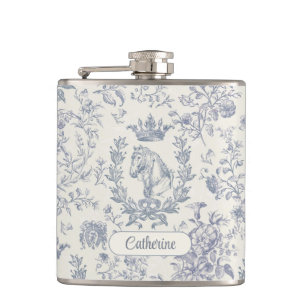 Elegant Blue Beige Equestrian Floral Toile Name Flask