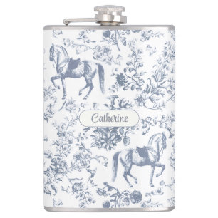 Elegant Blue Beige Equestrian Floral Toile Name Flask
