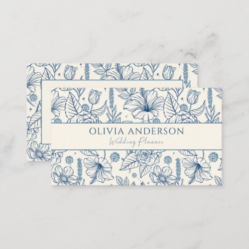 Elegant Blue  Beige Floral Modern Line Art Unique Business Card