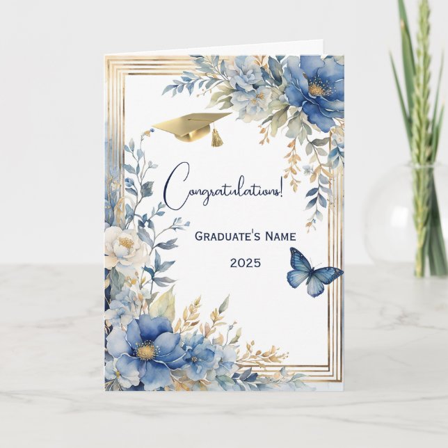 Elegant Blue Beige Flower Personalized Graduation Card (Front)