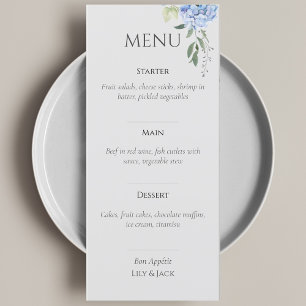 Elegant Blue Beige Hydrangea Wedding Menu