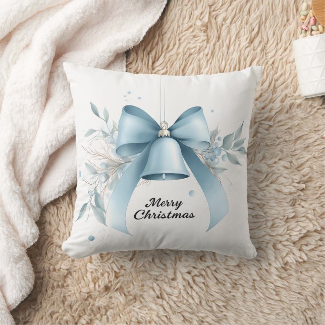 Elegant Blue Bell "Merry Christmas" Throw Pillow (Blanket)