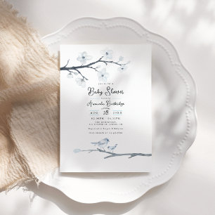 Elegant Blue Bird and Cherry Blossom Baby Shower Invitation