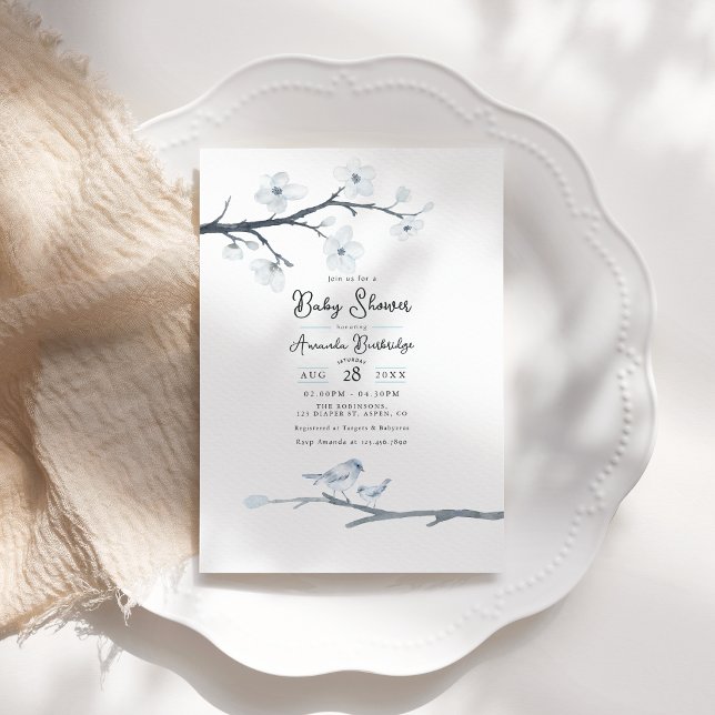 Elegant Blue Bird and Cherry Blossom Baby Shower Invitation (Elegant Blue Bird and Cherry Blossom Baby Shower Invitation)