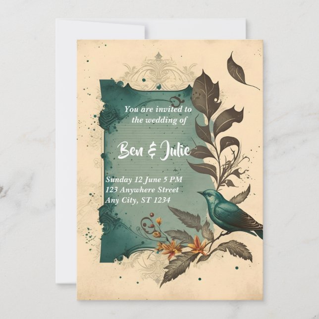 Elegant Blue Bird And Flower wedding  Invitation (Front)