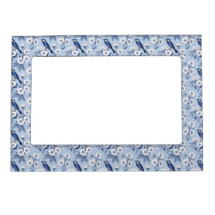 Elegant Blue Bird and White Floral Pattern Magnetic Frame