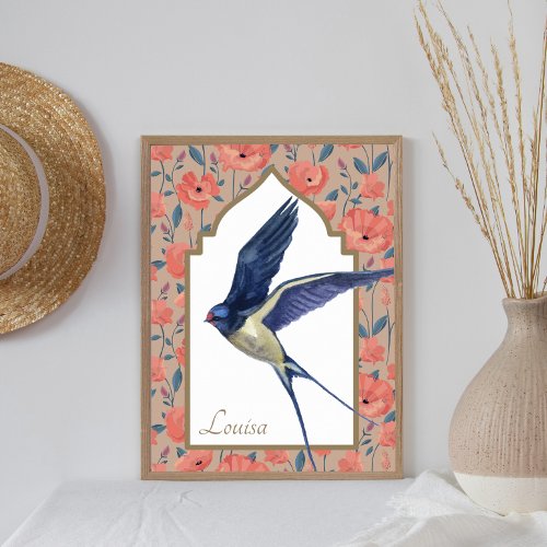 Elegant Blue Bird Sparrow Poppies Custom Wall Art