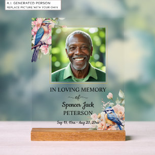 Elegant Blue Birds Floral Photo Funeral Acrylic Sign
