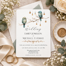Elegant Blue Birds Woodland Botanical Wedding Invitation