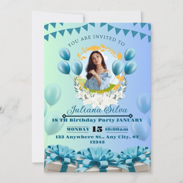 Elegant Blue Birthday Invitation – Customizable &  (Front)