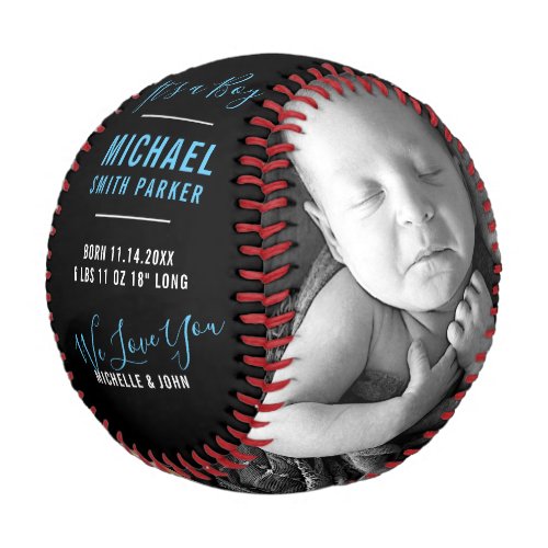 Elegant Blue Black Birth Announcement 2 Photo Name Baseball