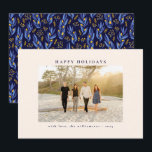Elegant Blue Black Botanical Floral Unique Photo Holiday Card<br><div class="desc">Send your holiday cheer with this "Happy Holidays" family photo greeting, featuring a clean and elegant front design and a vibrant blue and gold floral pattern on the back. Perfect for both Christmas and Hanukkah celebrations, this card combines a modern layout with festive flair, making it ideal for showcasing your...</div>