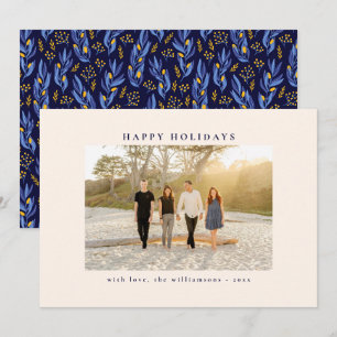 Elegant Blue Black Botanical Floral Unique Photo Holiday Card
