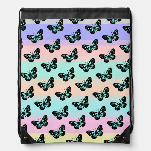 Elegant Blue  Black Butterfly Pattern Drawstring Bag