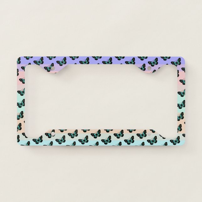 Elegant Blue & Black Butterfly Pattern License Plate Frame (Front)