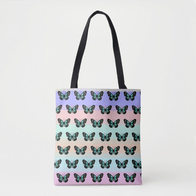 Elegant Blue & Black Butterfly Pattern  Tote Bag (Front)