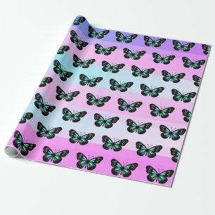 Elegant Blue & Black Butterfly Pattern Wrapping Paper