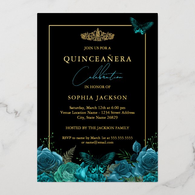 Elegant Blue Black Butterfly Photo Quinceanera   Foil Invitation (Front)