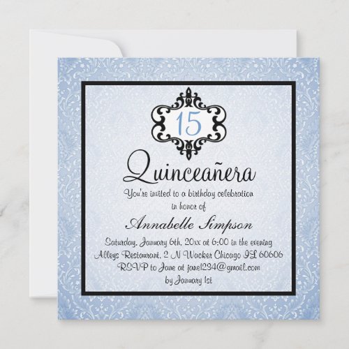 Elegant BlueBlack Chic Damask Quinceanera Invite