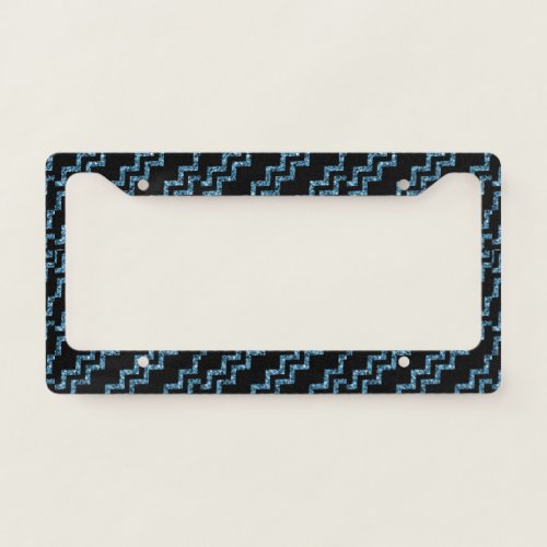 Elegant Blue Black Glitter Chevron Stripe Sparkle License Plate Frame