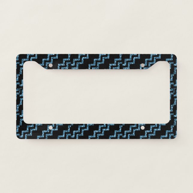 Elegant Blue Black Glitter Chevron Stripe Sparkle License Plate Frame (Front)