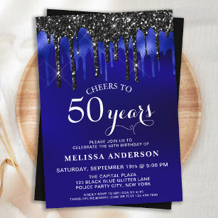 Elegant Blue Black Glitter Drips 50 Birthday Party Invitation