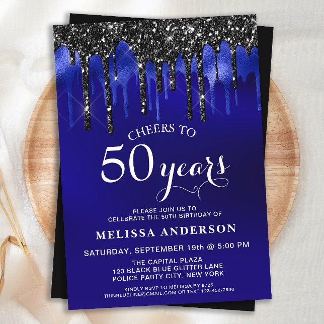Elegant Blue Black Glitter Drips 50 Birthday Party Invitation (Creator Uploaded)