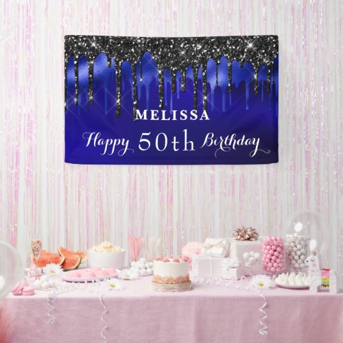 Elegant Blue Black Glitter Drips Birthday Party Banner