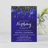 Elegant Blue Black Glitter Drips Birthday Party Invitation (Standing Front)