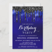 Elegant Blue Black Glitter Drips Birthday Party Invitation (Front)