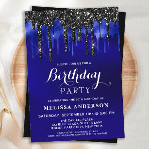 Elegant Blue Black Glitter Drips Birthday Party Invitation